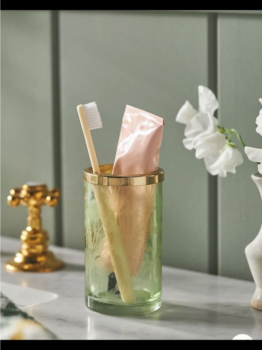 Anthropologie Floral Etched Glass 5 Piece Bath Accessories with Gold Trim. - Picture 6 of 6